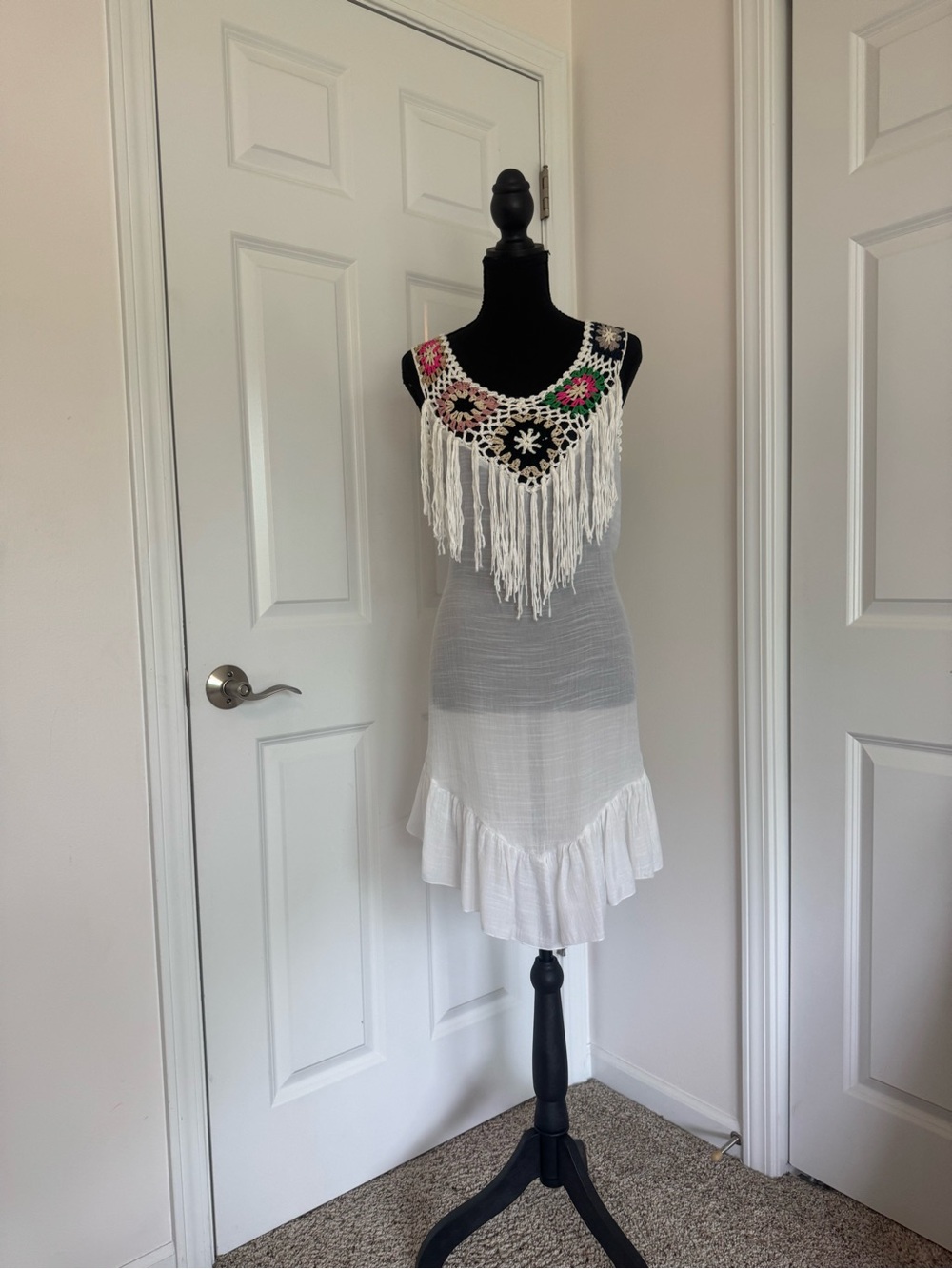 Boho Crochet Granny Square Fringe Dress Sleeveless Festival Beach Cover Up NWT - Picture 2 of 10